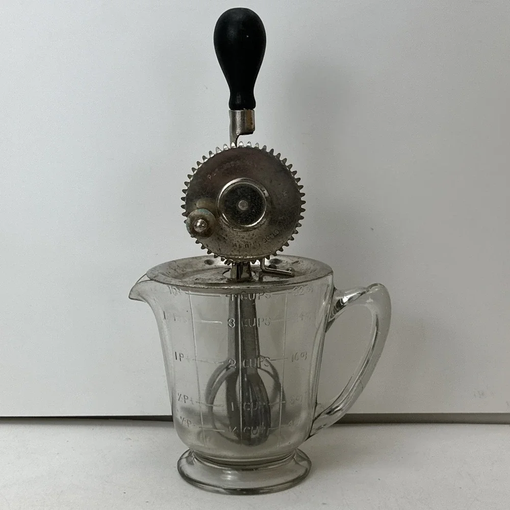 Vintage 1923 A & J Hand Mixer Egg Beater Wood Handle w/ Glass Measuring 4 Cups